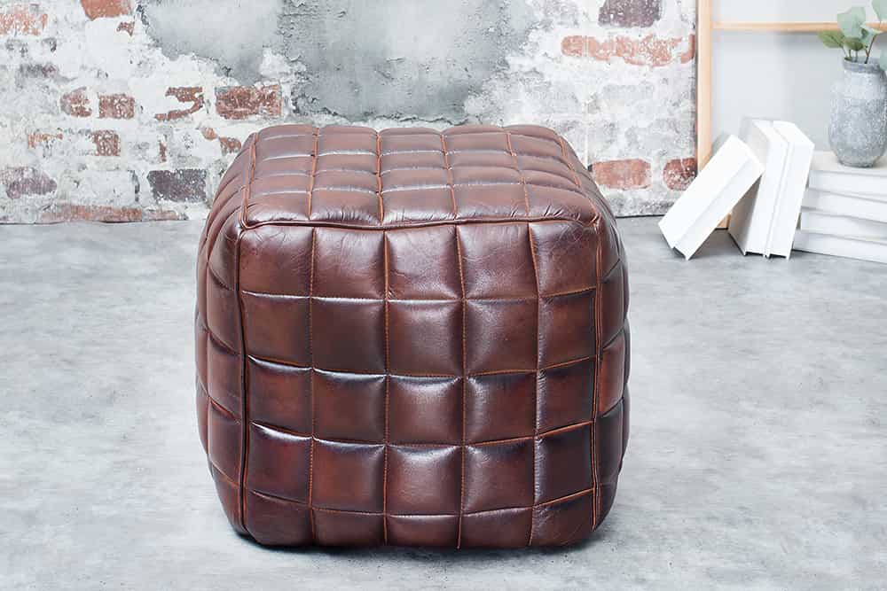 Retro Hocker RIDER 40cm braun Echtleder mit Ziersteppung