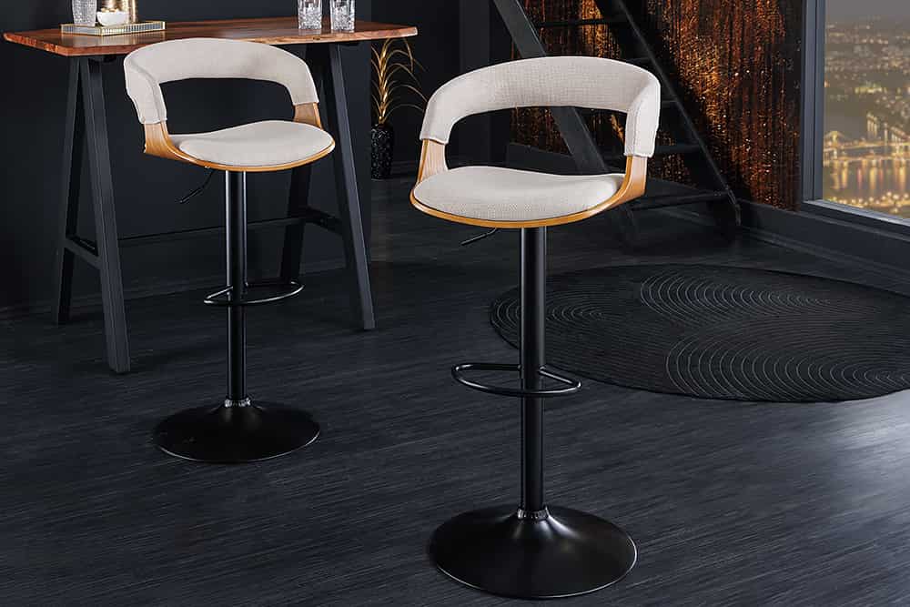 riess-ambiente Barhocker MANHATTAN - Retro beige Strukturstoff Massivholz mit Lehne drehbar höhenverstellbar