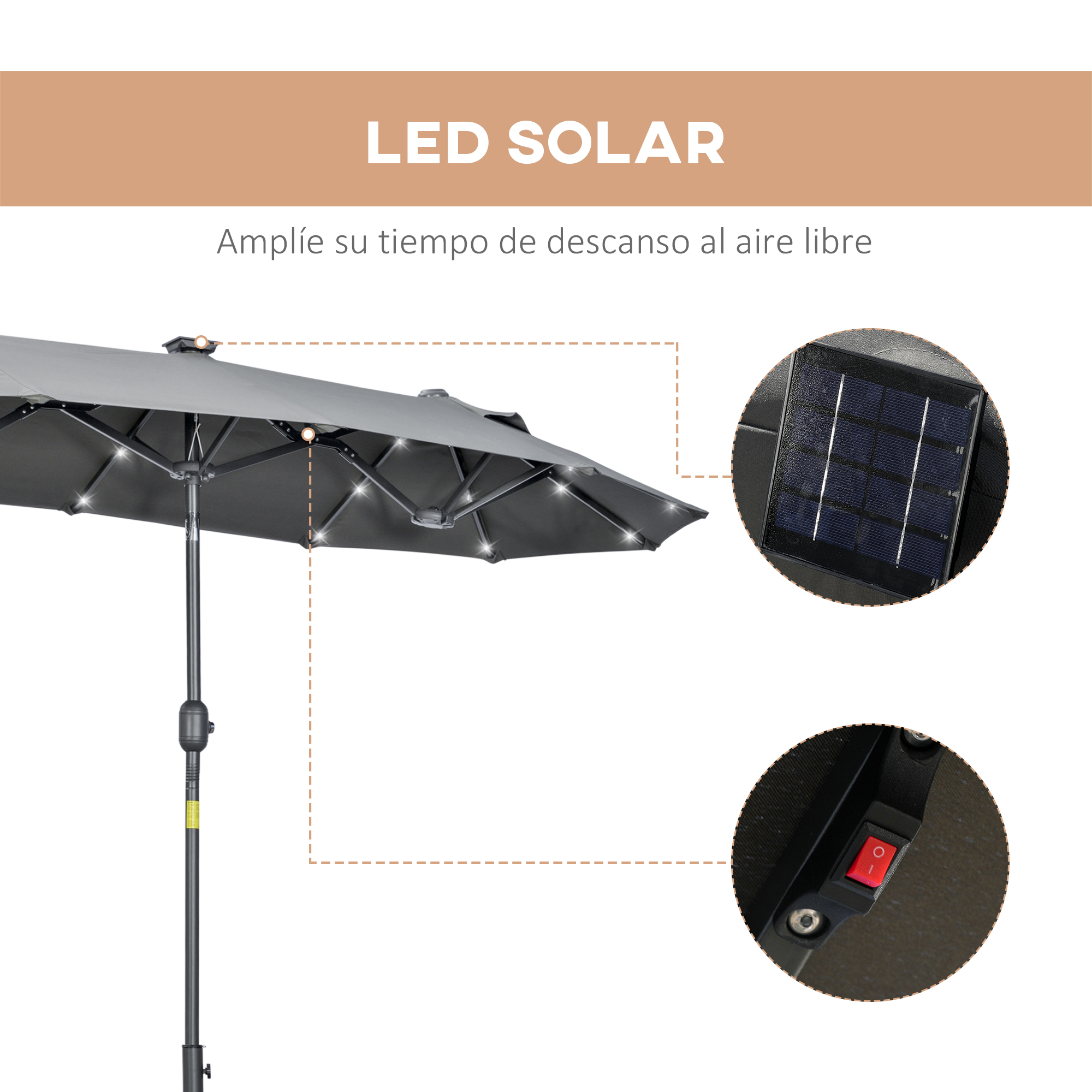 Guarda-sol duplo Outsunny 295x150x219 cm para jardim com luzes LED solares, teto inclinável ajustável e manivela manual para pátio, piscina e praia, cinza.