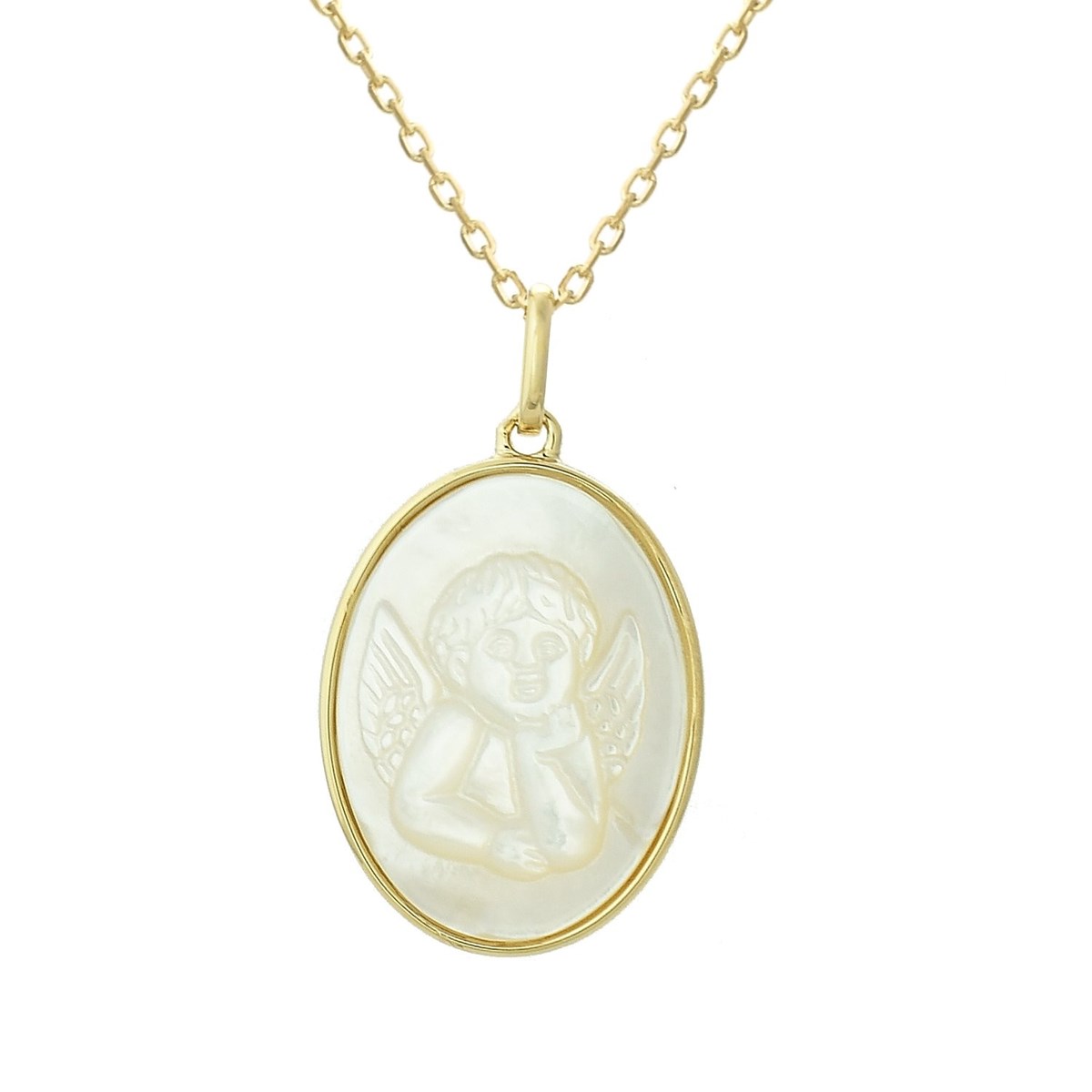 Collier médaille ange baptême ovale de nacre Plaqué OR 750 3 microns