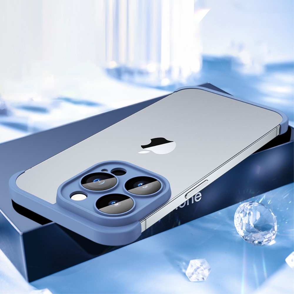 (2-tlg.) iPhone 14 Pro Gummi Slim Case Hülle Kameraglasschutz mit Rahmenlosen Bumper (Selbstklebend) - Blau