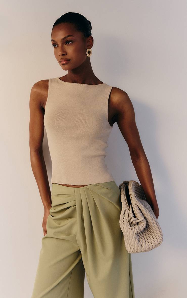 Vert Sauge Pantalon Large Ajusté En Tissu Tissé Avec Détail Plissé