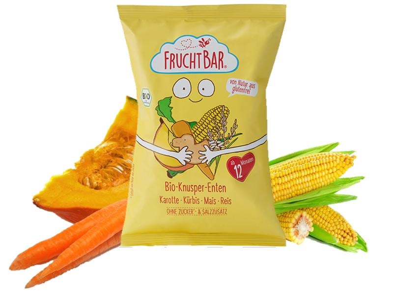Fruchtbar Knabberspass Knusper Enten Karotte, Kürbis, Mais Gepuffter Snack mit Karotte, Kürbis, Mais und Reis