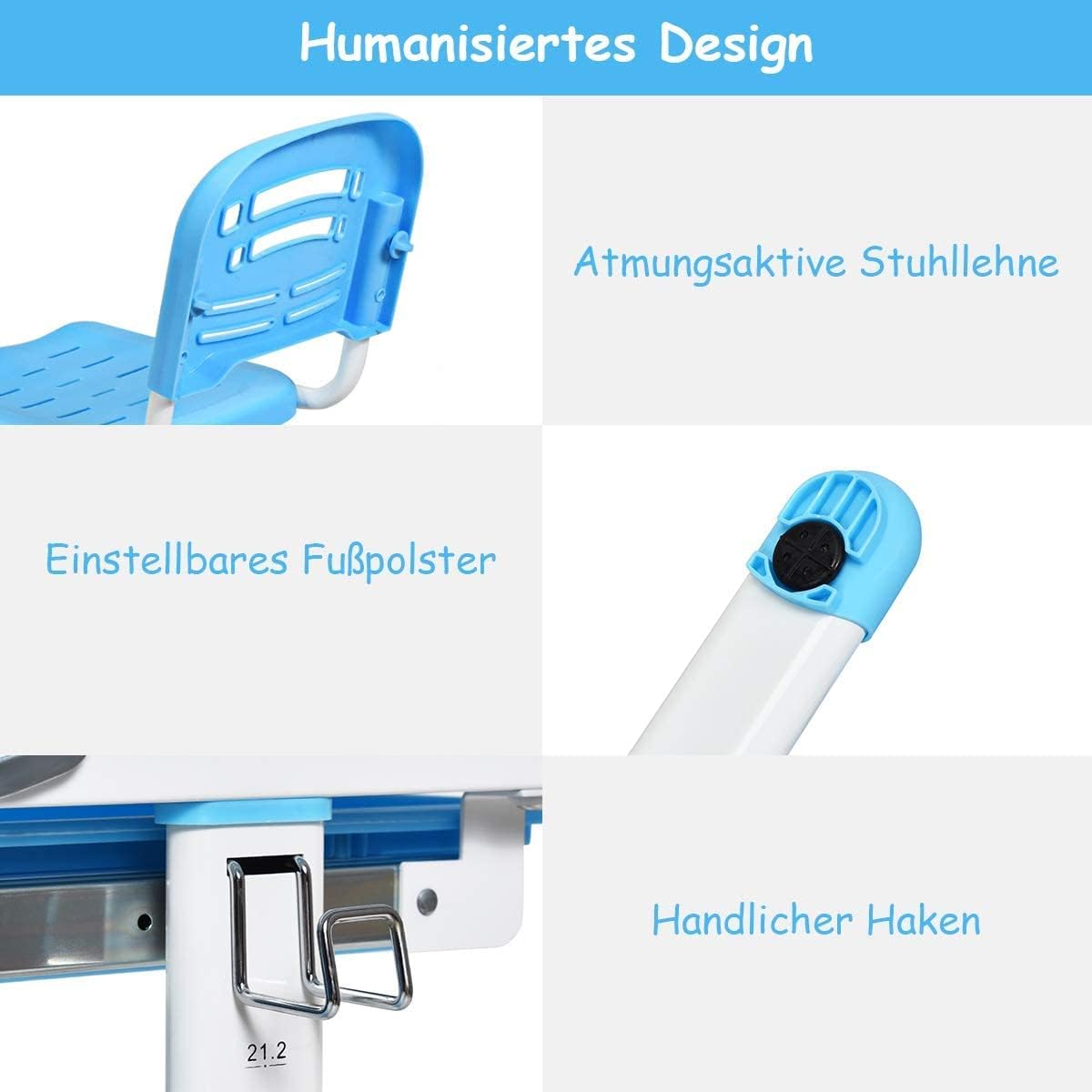 COSTWAY Kinderschreibtisch höhenverstellbar, Schülerschreibtisch mit Lampe, Kindermöbel neigungsverstellbar, Kindertisch mit Stuhl, Schreibtisch mit Schublade, Farbewahl (Hellblau)