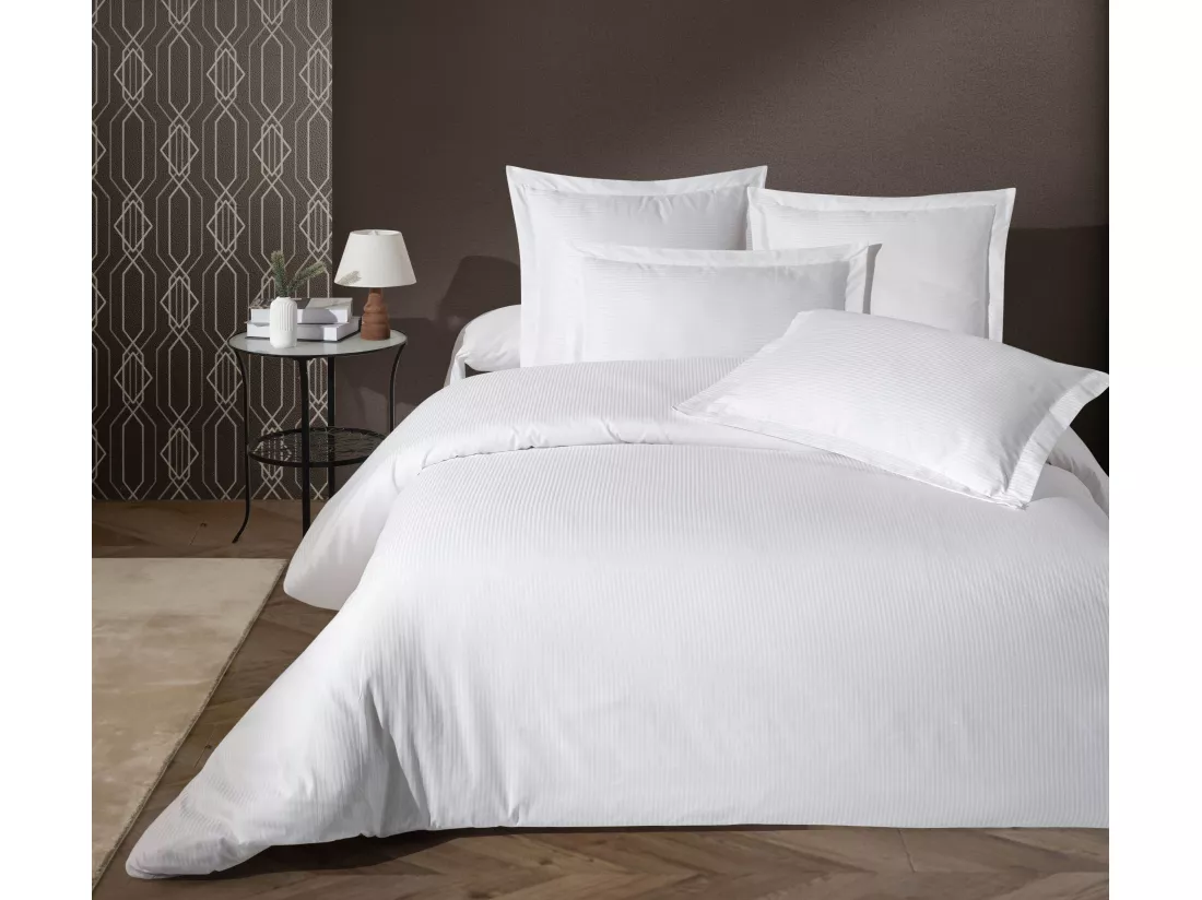 Housse de couette satin de coton rayé blanc