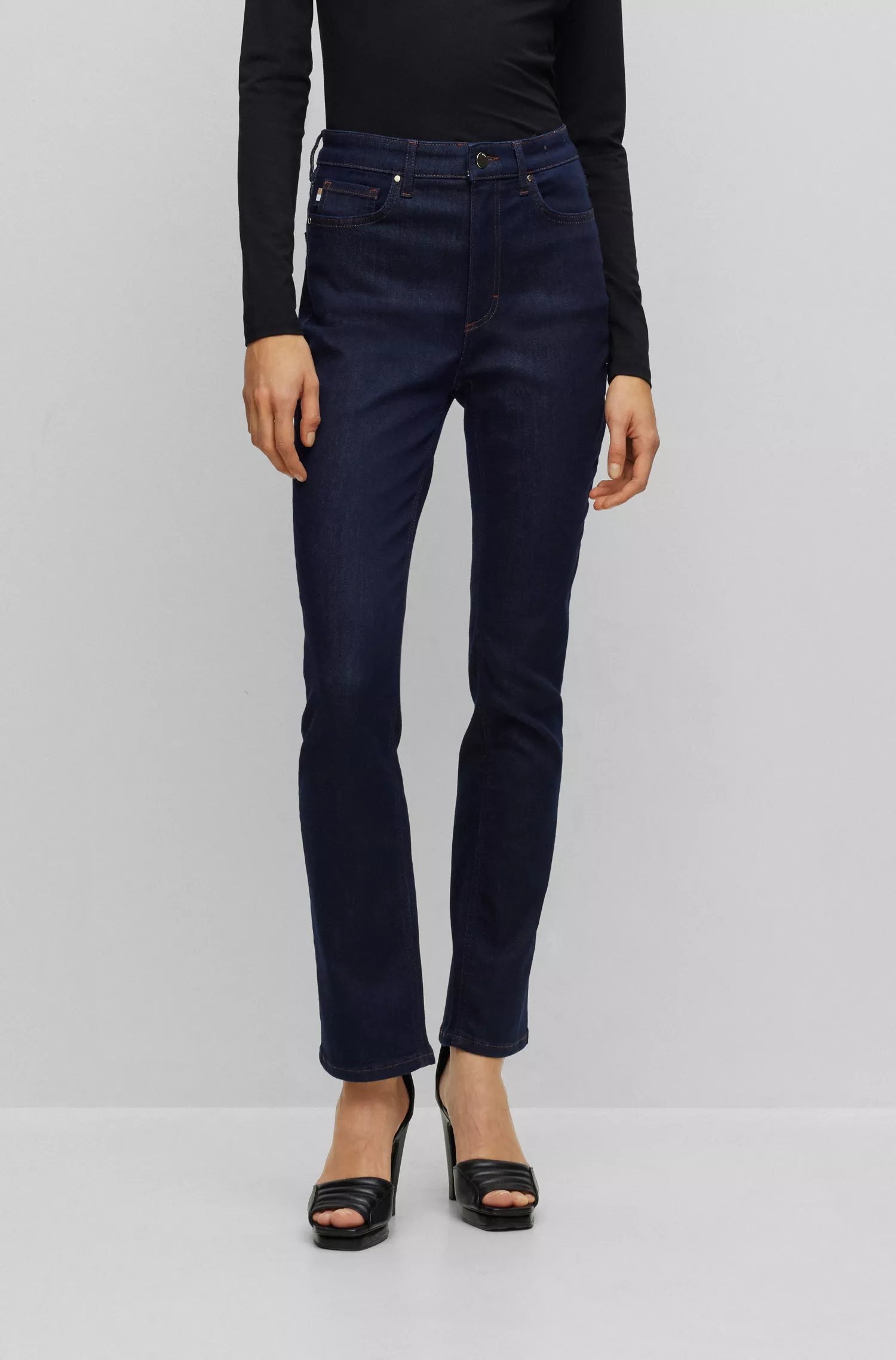 Calça jeans BOSS preta de cintura alta em denim super elástico azul