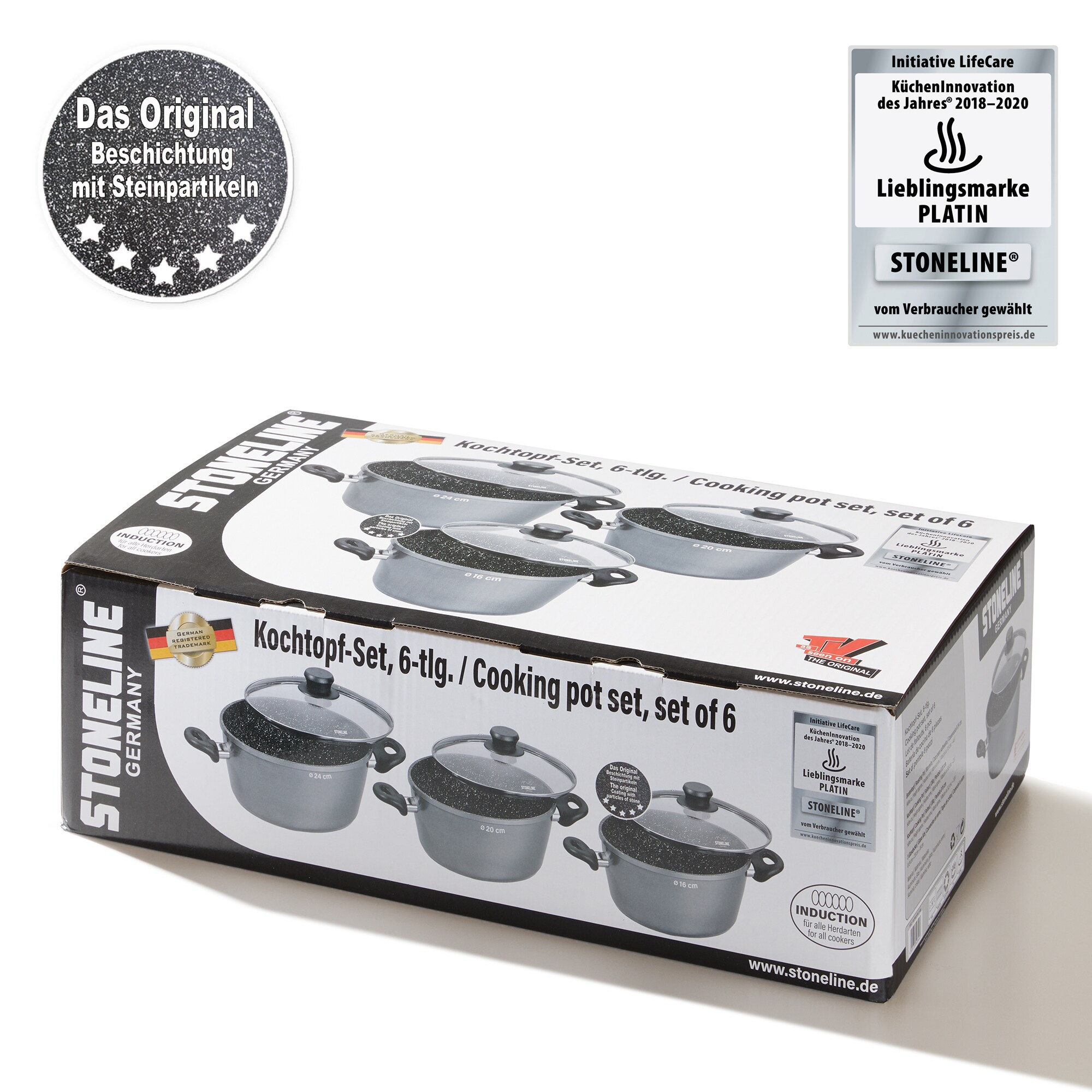 STONELINE® Topfset 6 teilig mit Glasdeckel, beschichtete Aluguss Töpfe Backofen & Induktion geeignet