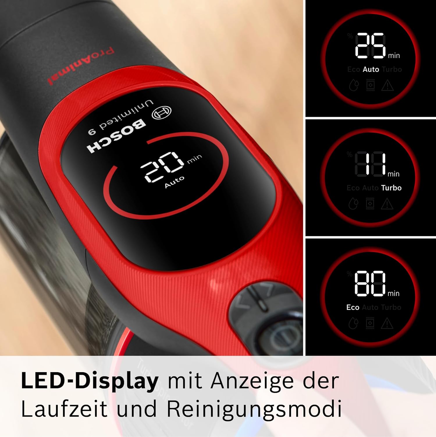 Bosch Akku-Staubsauger Unlimited 9 ProAnimal BKS941PET, kabellos, MicroClean Technology, Display, Staubkomprimierung, HEPA-Filtersystem, 10 J. Motorgarantie, 4Ah Akku, LED-Licht, Schnellladegerät, rot