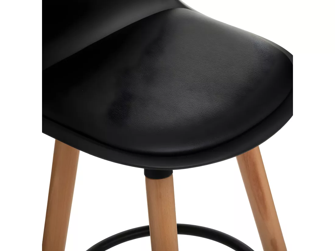 Tabouret de bar confortable Assise Noire et Pieds en Bois H 92 cm
