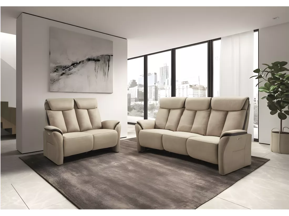Canapé de relaxation électrique en nubuck Kondort-Couleur Beige-2 places fixe