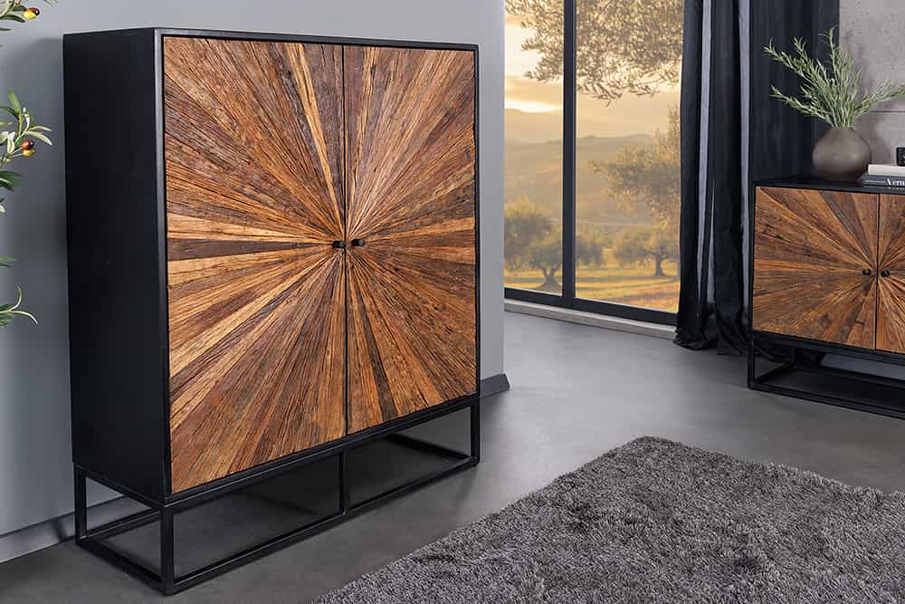 Massives Highboard BARRACUDA 120cm braun Mangoholz mit Teakholz-Front schwarz Metall