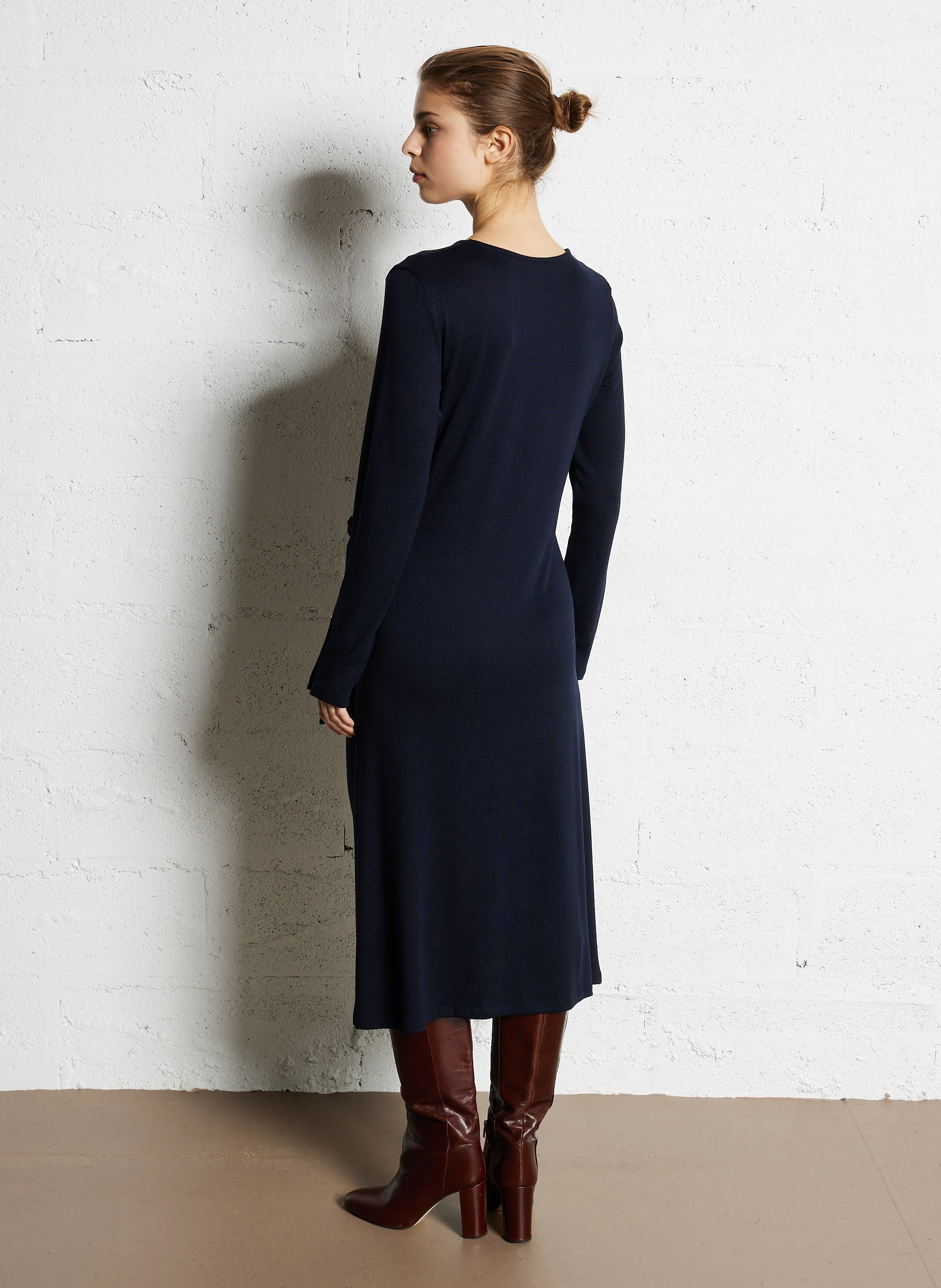 Robe longue col rond en maille mélangée | Bleu