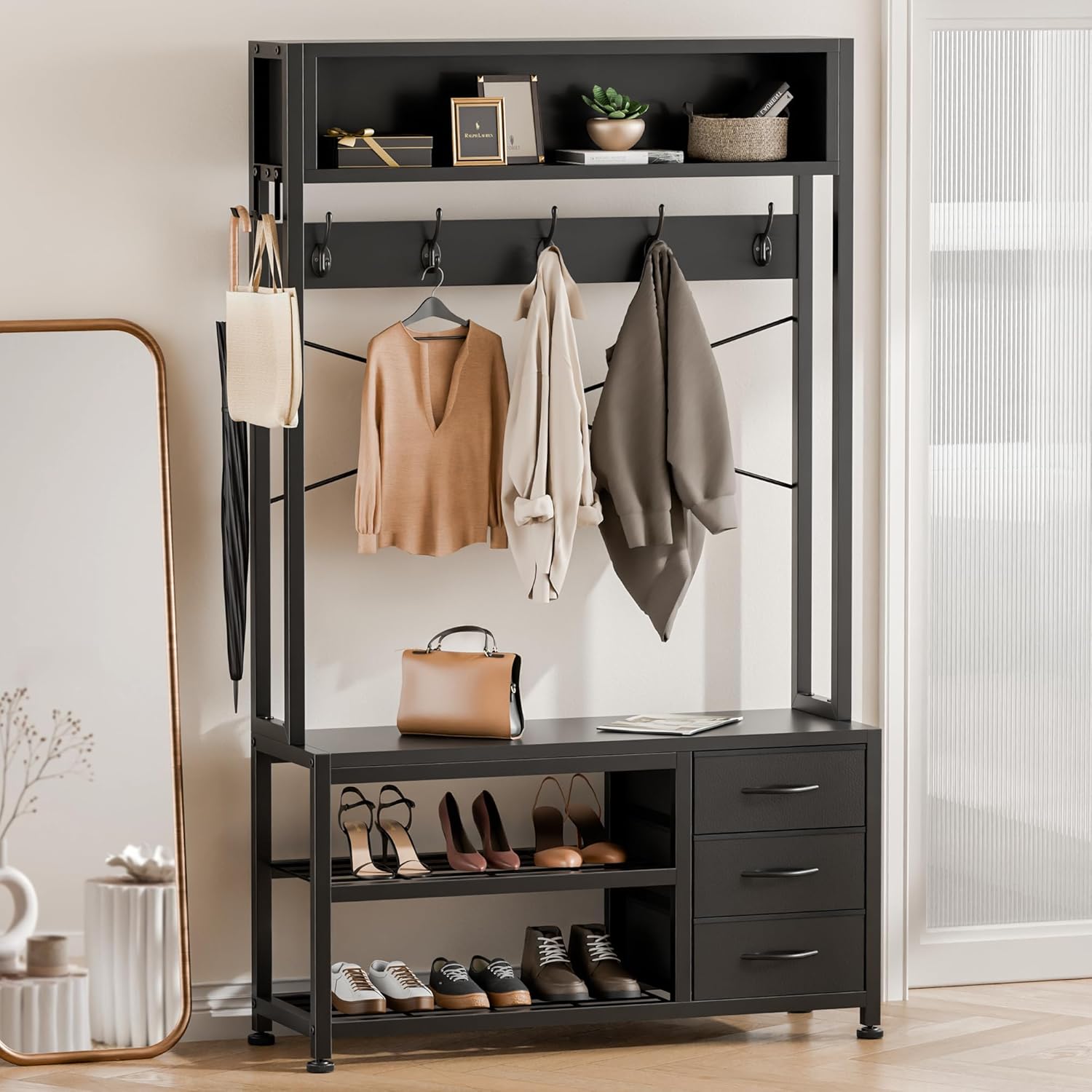 Garderobenständer mit Schuhablage, Garderobe mit Sitzbank, 12 Haken, 3 Schubladen und 1 Ablagefläche, Metallrahmen, 30 x 80 x 180 cm, für Flur Eingänge Schwarz