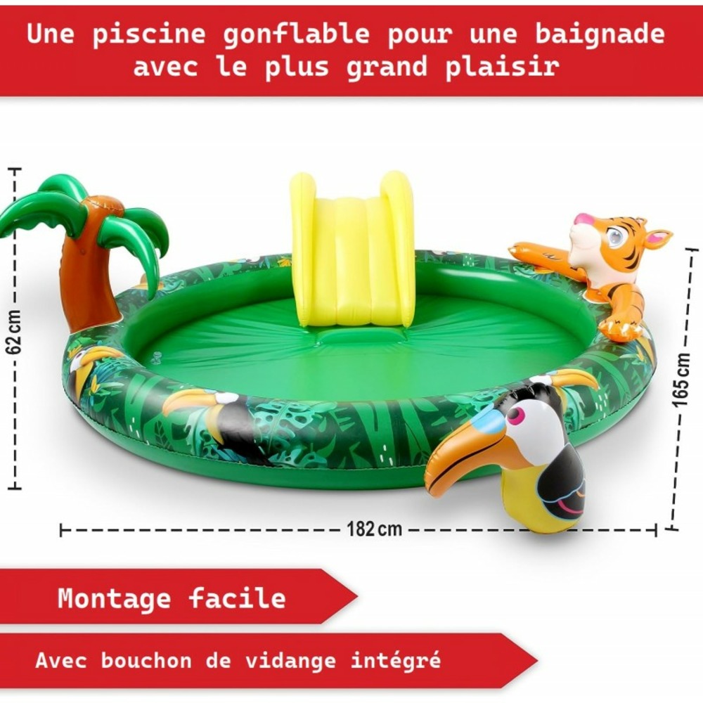 Piscine gonflable pour enfants toboggan de piscine - 182x165x62 cm piscine hors sol design jungle- parc aquatique