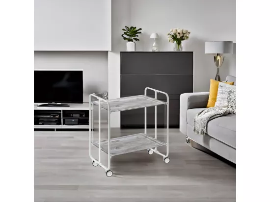 Chariot pliant à roulettes, , table pliante roulante - Structure métallique blanche, 2 niveaux en stratifié couleur Pin vieilli - 72*66*43 cm - BAUHAUS