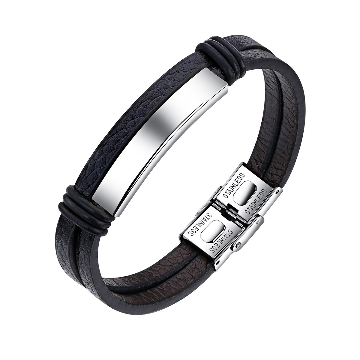 Bracelet cuir deux rangs avec plaque GUSTAVE
