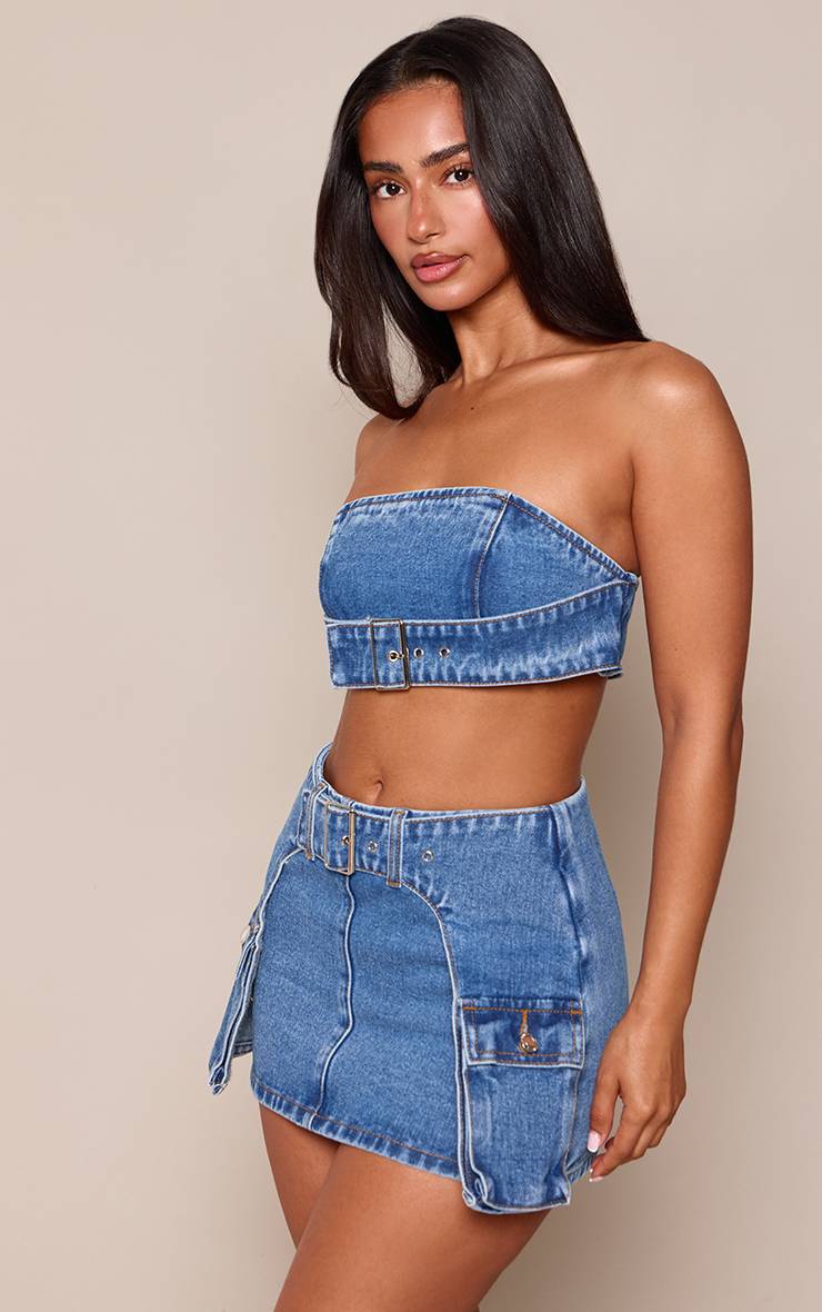 Mid Blue Wash Mini Jupe En Denim Bleu Moyen Avec Ceinture Et Poches Pour Petite Taille