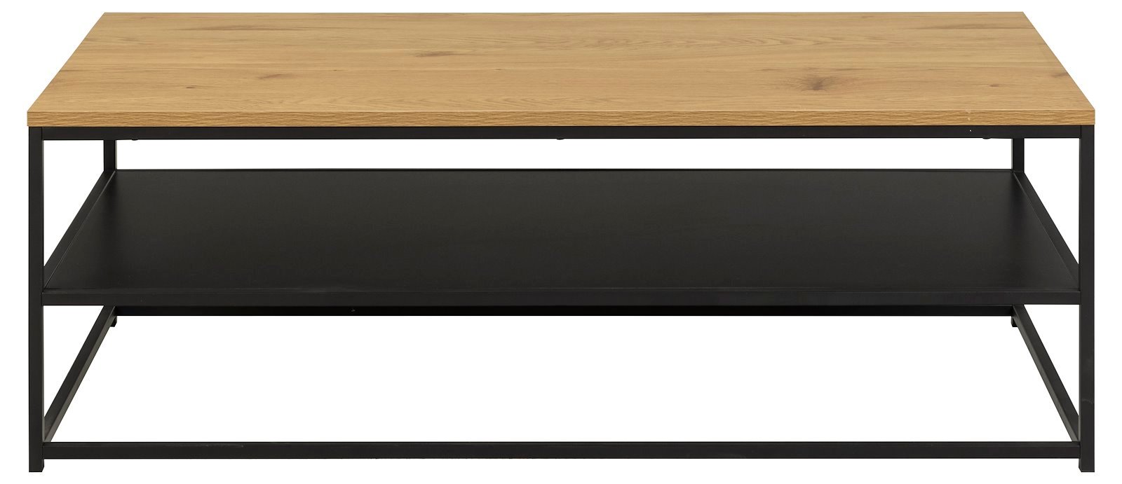 Gila sofabord Melaminplate i eik med sort melaminhylle og matt sort pulverlakkert stålunderstell. 120x60x42cm