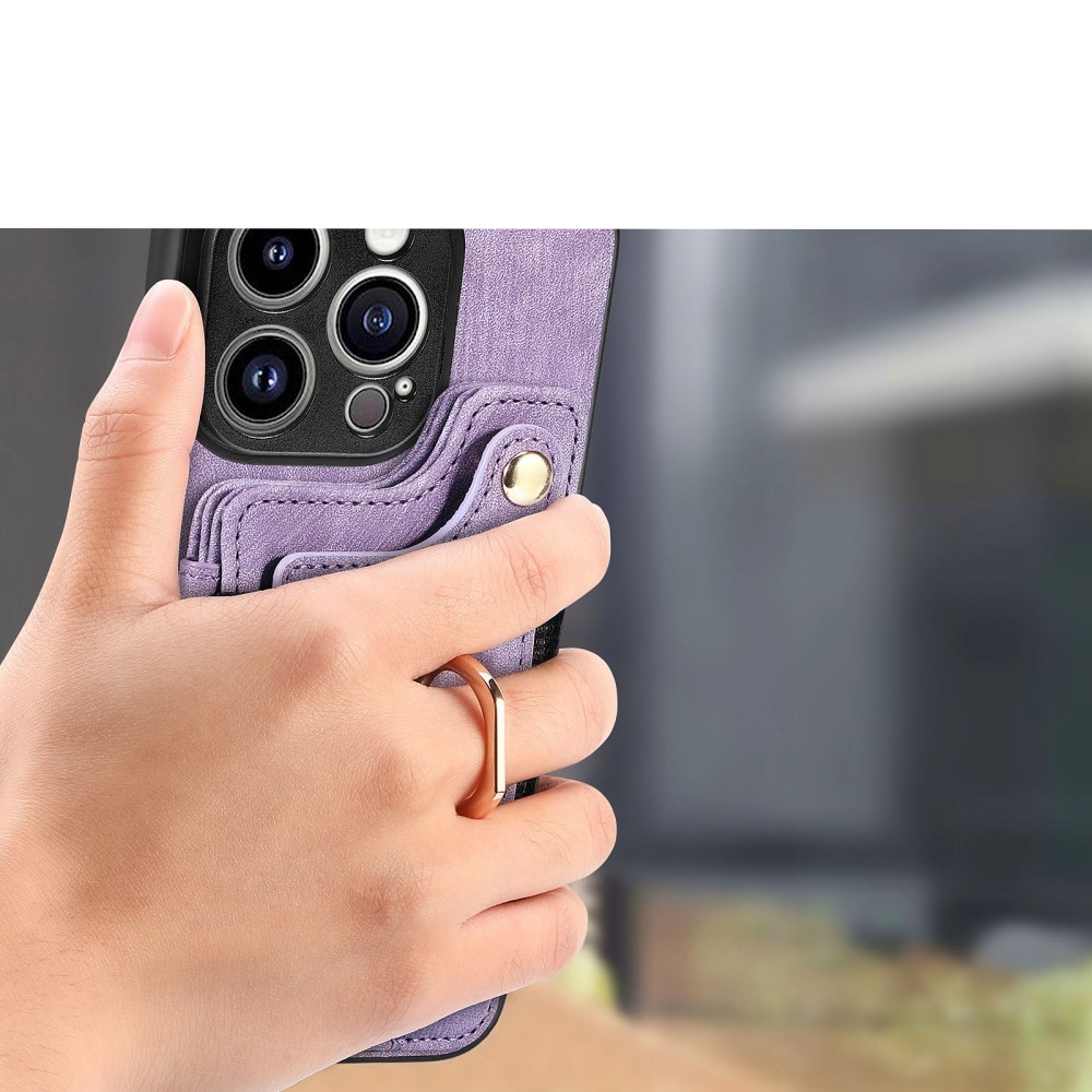 iPhone 14 Pro Max Necklace Leder Hülle mit Kartenfächer   Finger Griff Halterung   Handykette (RFID Schutz) - Lila