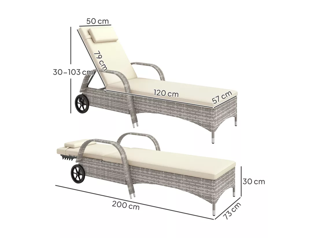 Transat bain de soleil grand confort : matelas, têtière, inclinaison réglable multipositions, accoudoirs, roulettes résine tressée gris clair