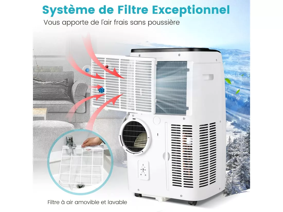 Climatiseur Mobile Silencieux 4 en 1 - 14000BTU [Classe Energétique A] avec Chauffage Ventilateur Déshumidificateur Rafraîchisseur Mode Nuit