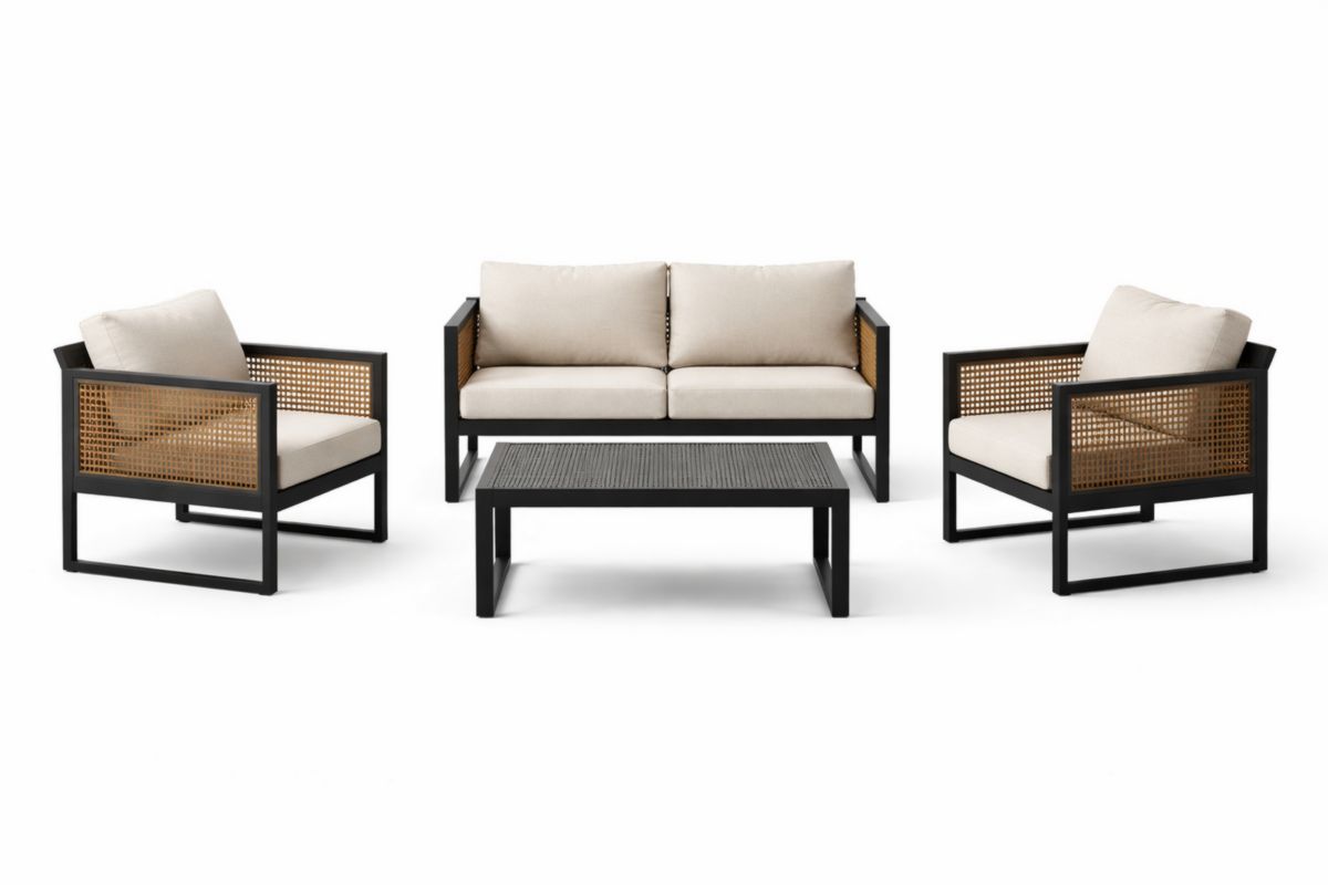 Gartensofa Set Aluminium Geflecht Beige 2x Sessel 1x Sofa 1x Couchtisch