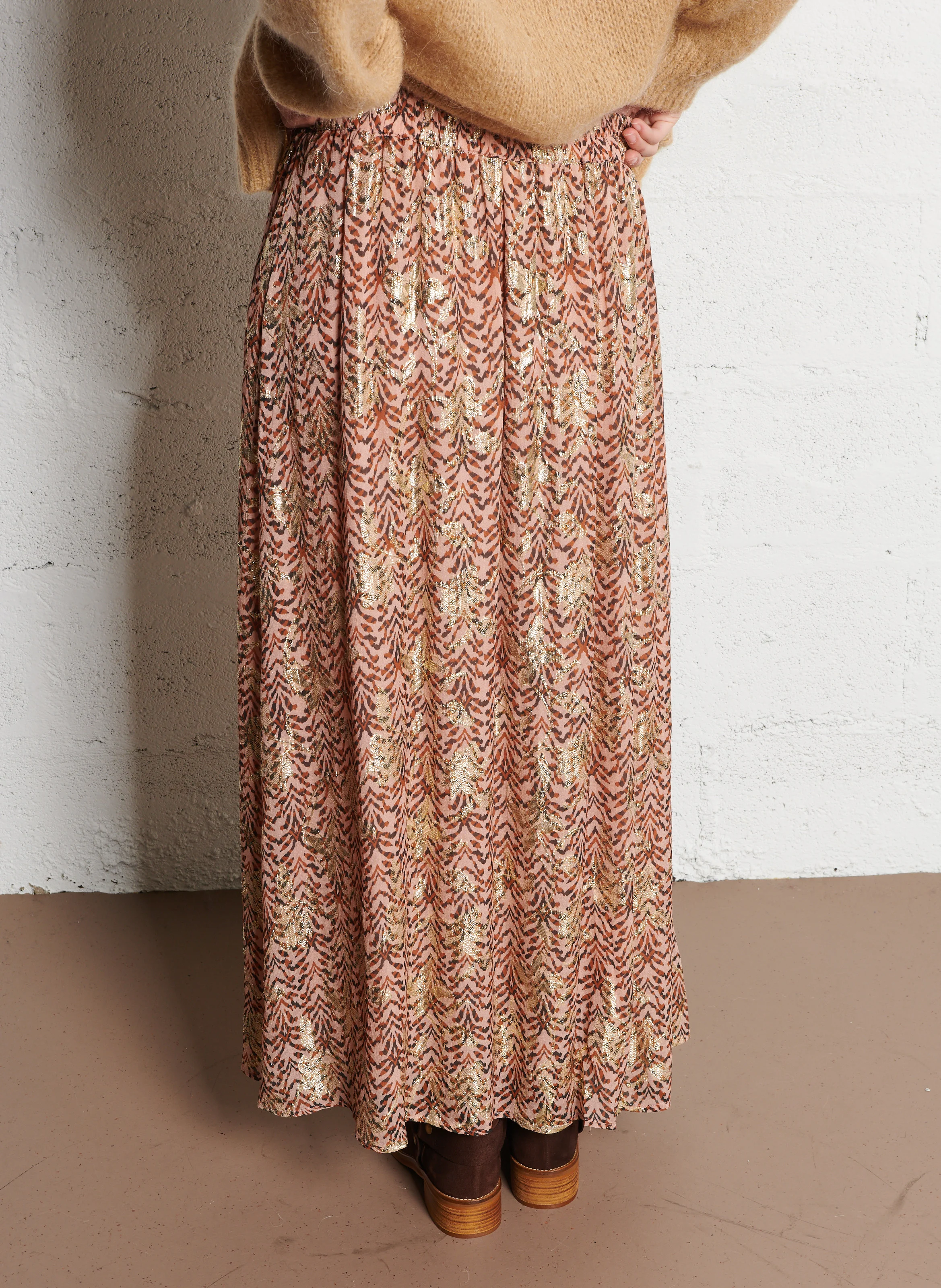 JOAN - Jupe midi fendue à imprimé lurex | Beige