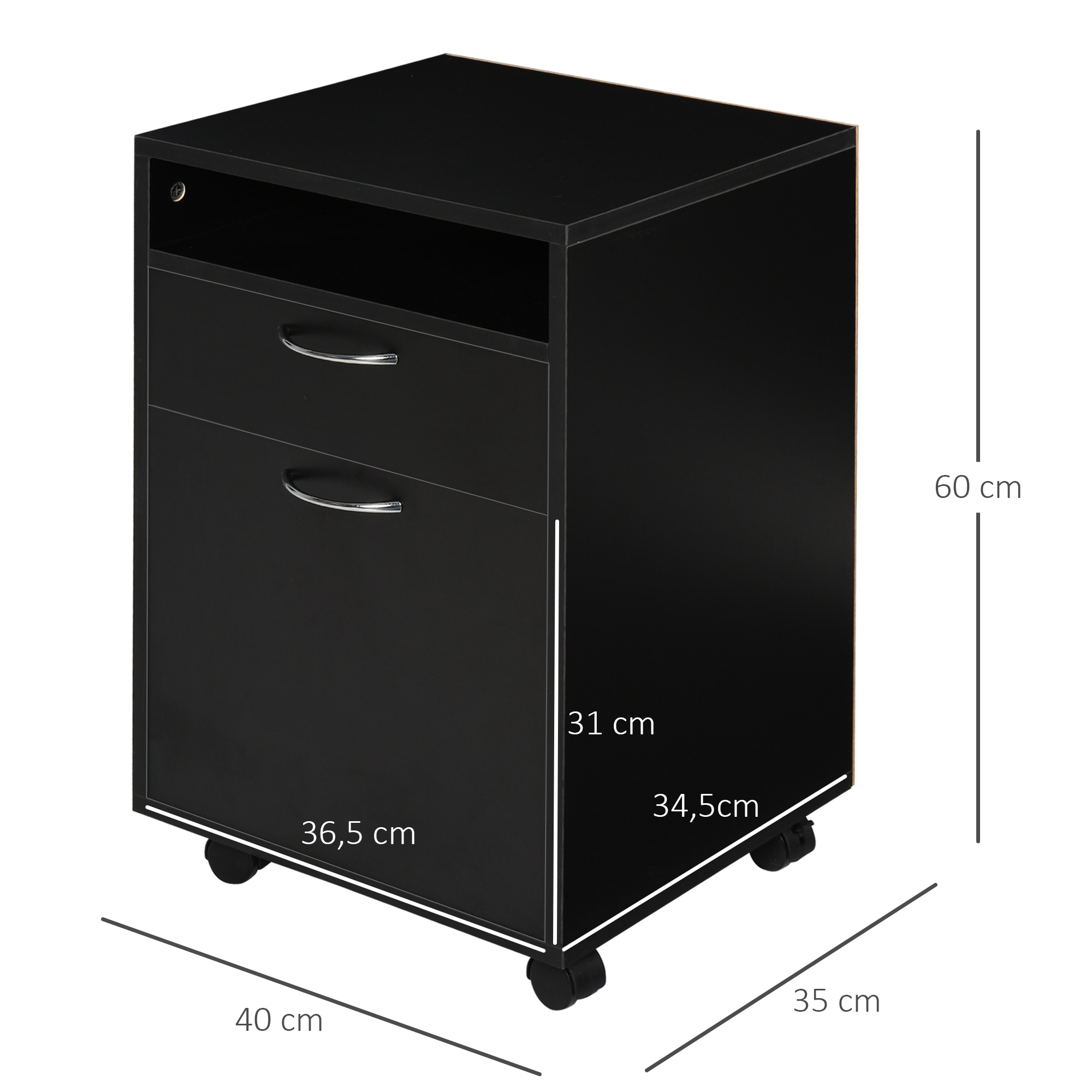 HOMCOM Aktenschrank mit Rollen schwarz 40L x 35B x 60H cm