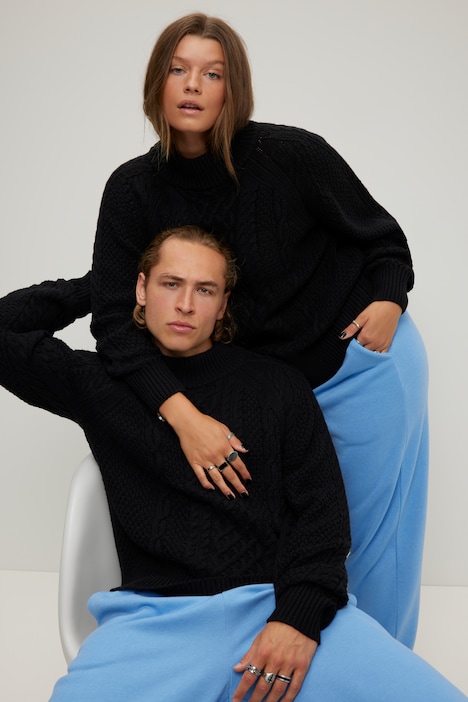 Rollkragen-Pullover, oversized, Zopfmuster, Langarm, Unisex