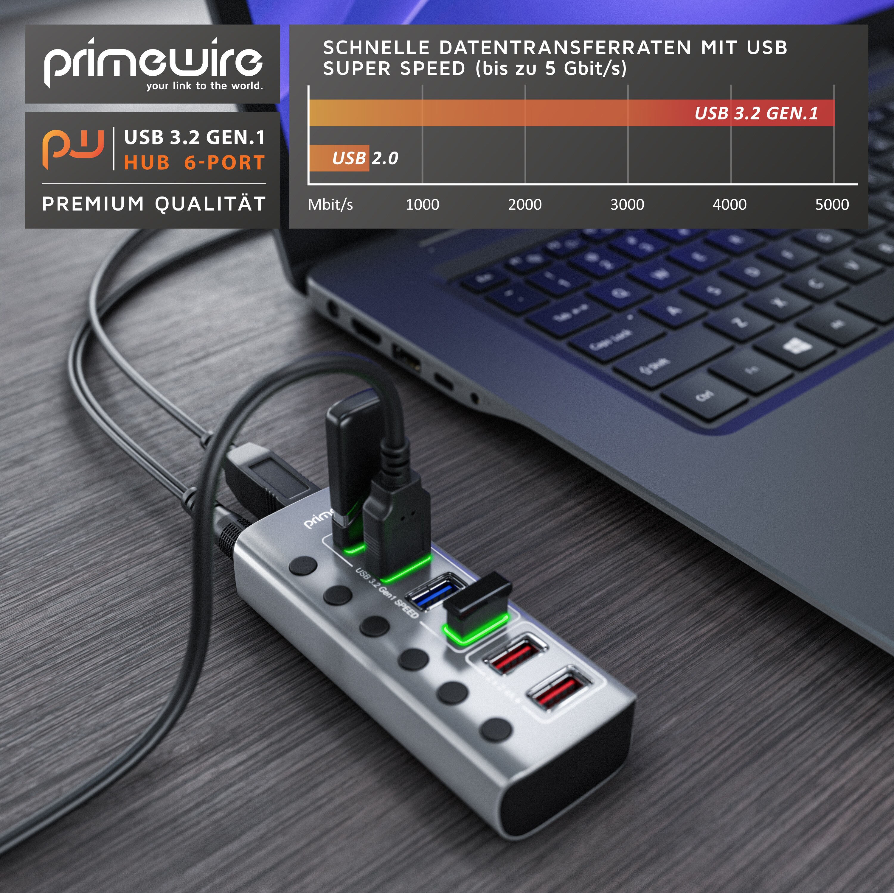 Primewire - USB 3.2 Gen.1 6 Port Hub aktiv schaltbar - mit Netzteil - 4 x USB 3.2 Gen1, 2X USB 3.0 mit smart Charge (Ladeports) - Alugehäuse grau