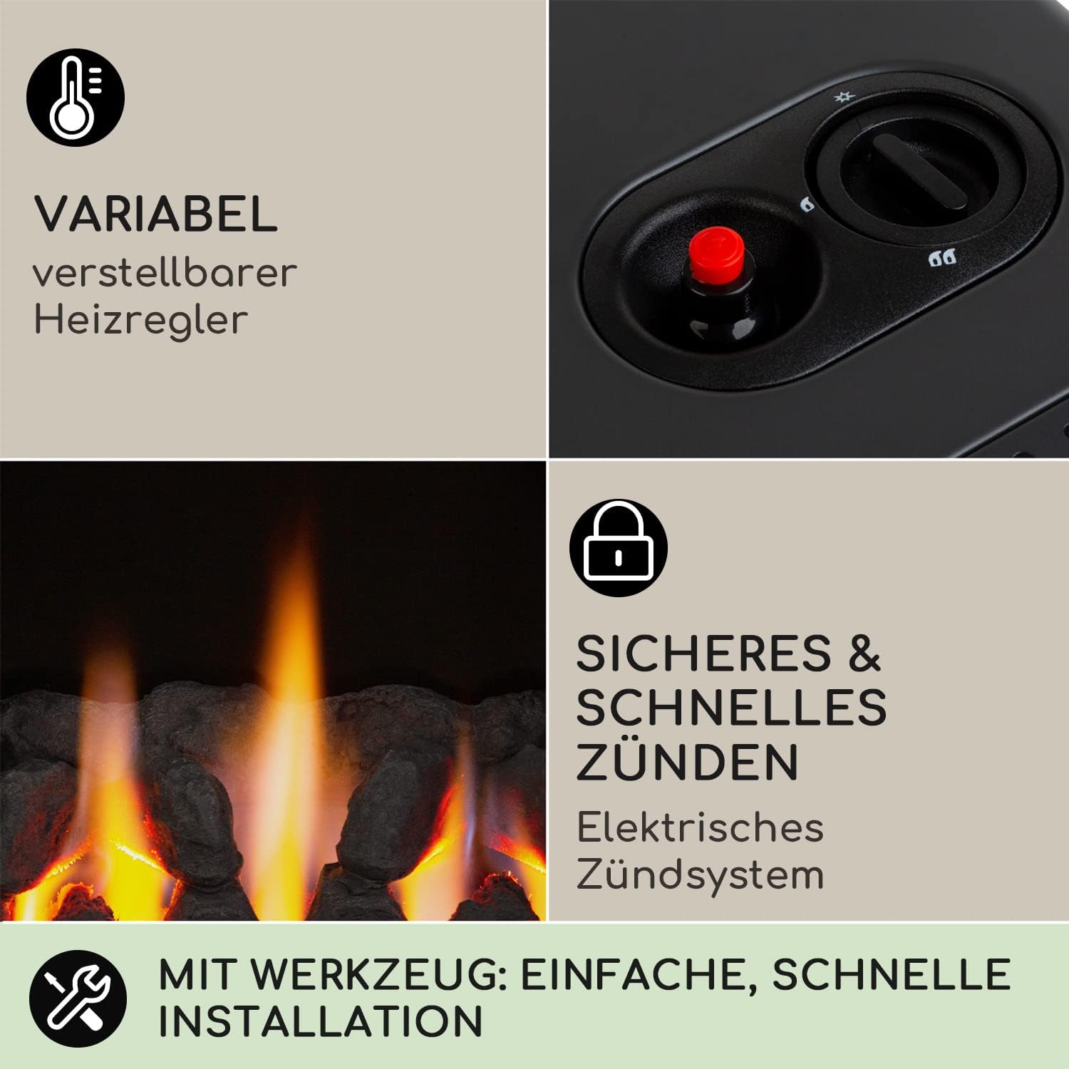 blumfeldt Andora Flame Gasheizofen - zwei Heizstufen mit 2 oder 3,4 kW, bis 11 kg Gasflaschen, Heizfläche: bis 68 m², inkl. Schlauch und Druckminderer, Feuerschein, elektrisches Zündsystem, schwarz