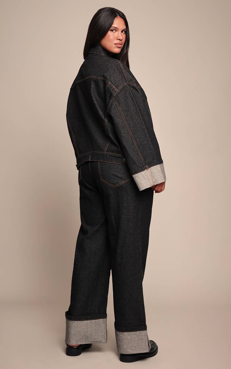 Bleu Indigo Jean Grande Taille Jambe Large Brut Ourlet Retroussé Surpiqûres Contrastées