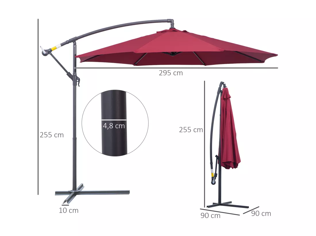 Parasol déporté octogonal à manivelle inclinable manivelle avec pied en acier diamètre 3 m rouge