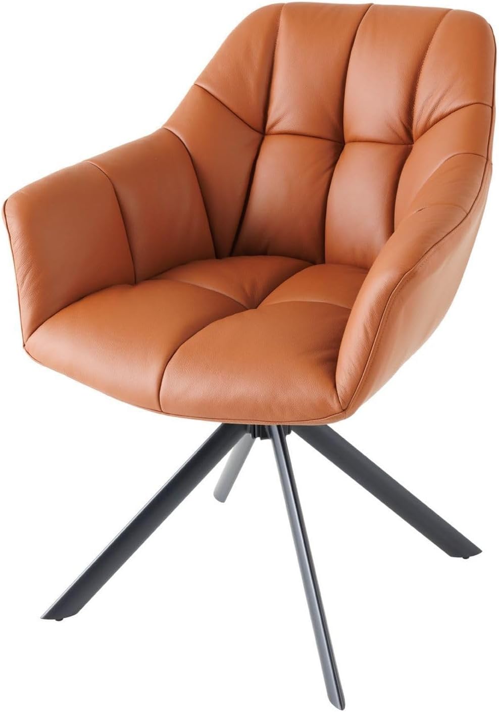 Licht-Erlebnisse Bürostuhl Leder Metall Drehstuhl ohne Rollen in Cognac Braun Schwarz B: 65 cm Schreibtischstuhl mit Armlehne Retro Design Konferenzstuhl