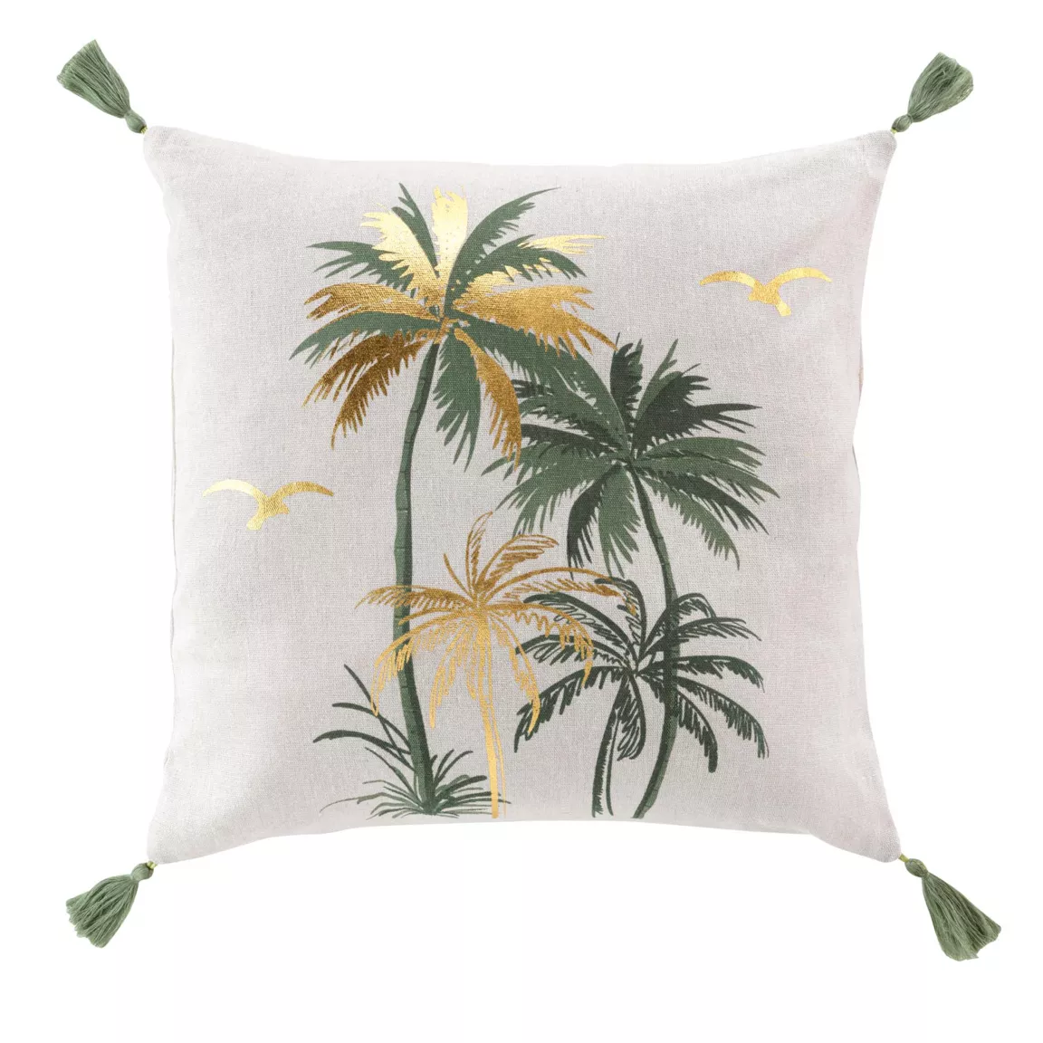 Coussin carré coton pompons (45 x 45 cm) Papeete Vert sauge