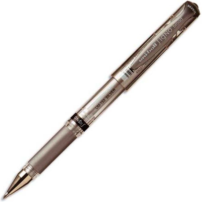 Stylo-bille uniball signo broad écriture large 0.8mm pointe 1mm grip caoutchouc encre gel résistant eau lumière argent