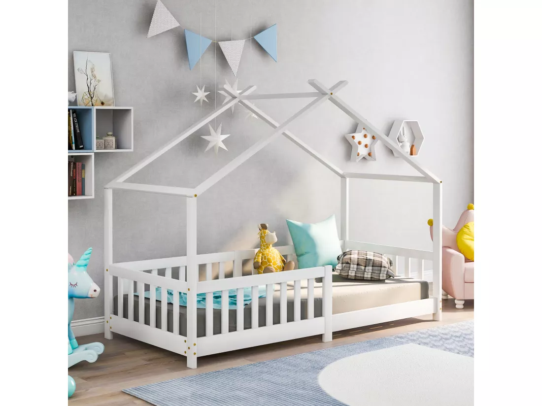 Lit cabane pour enfant, bois massif avec clôture et sommier à lattes, pour chambres d'enfants, blanc (200x90cm)