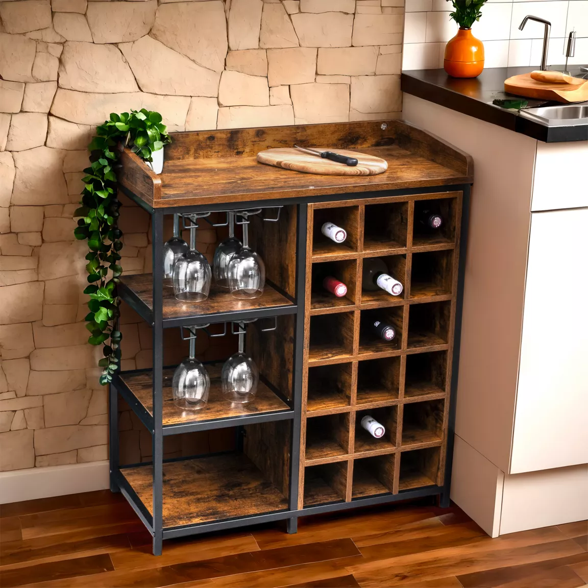 Meuble range-bouteilles industriel 18 emplacements et porte-verres (H82 cm) Paul Marron