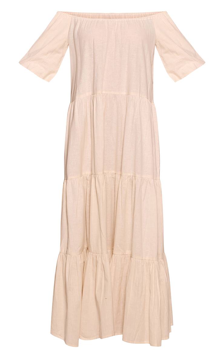 Crème Robe Longue Évasée À Épaules Dénudées Effet Lin