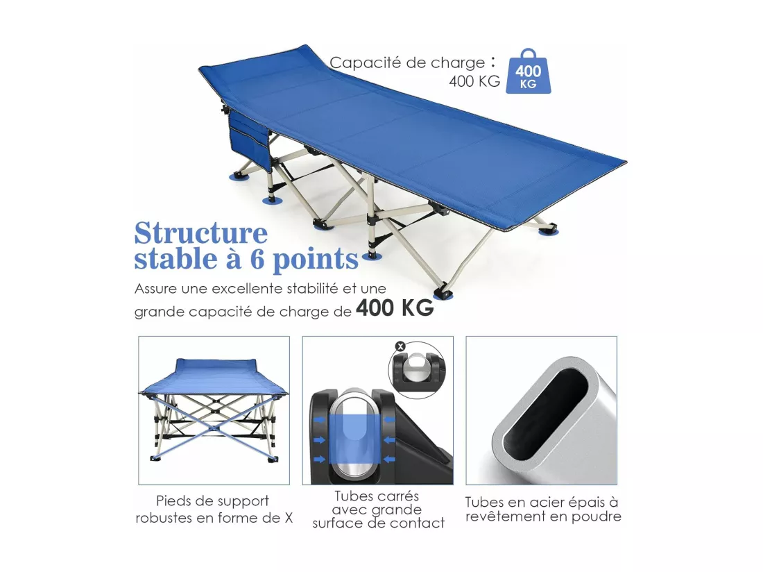 lit de CamBoisg Pliable, Charge jusqu'à 400 kg, lit de Voyage à Pliage Rapide avec Sac de Transport Bleu