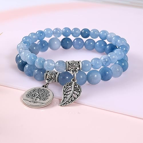 (2er Set) 225-240mm Naturstein Armband Edelstein Armkettchen mit Anhänger - Aquamarin