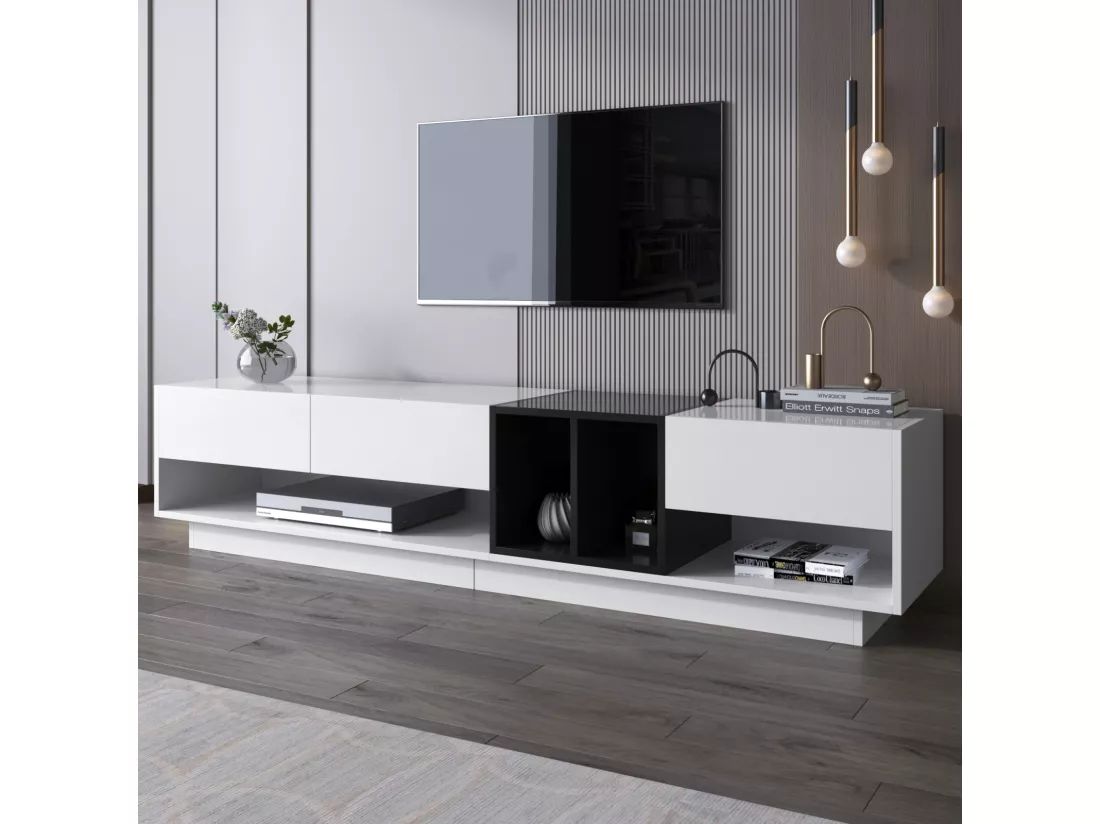 Meuble TV avec 3 tiroirs et 4 niche - Blanc et Noir - Panneaux de particules - 190x34x40cm