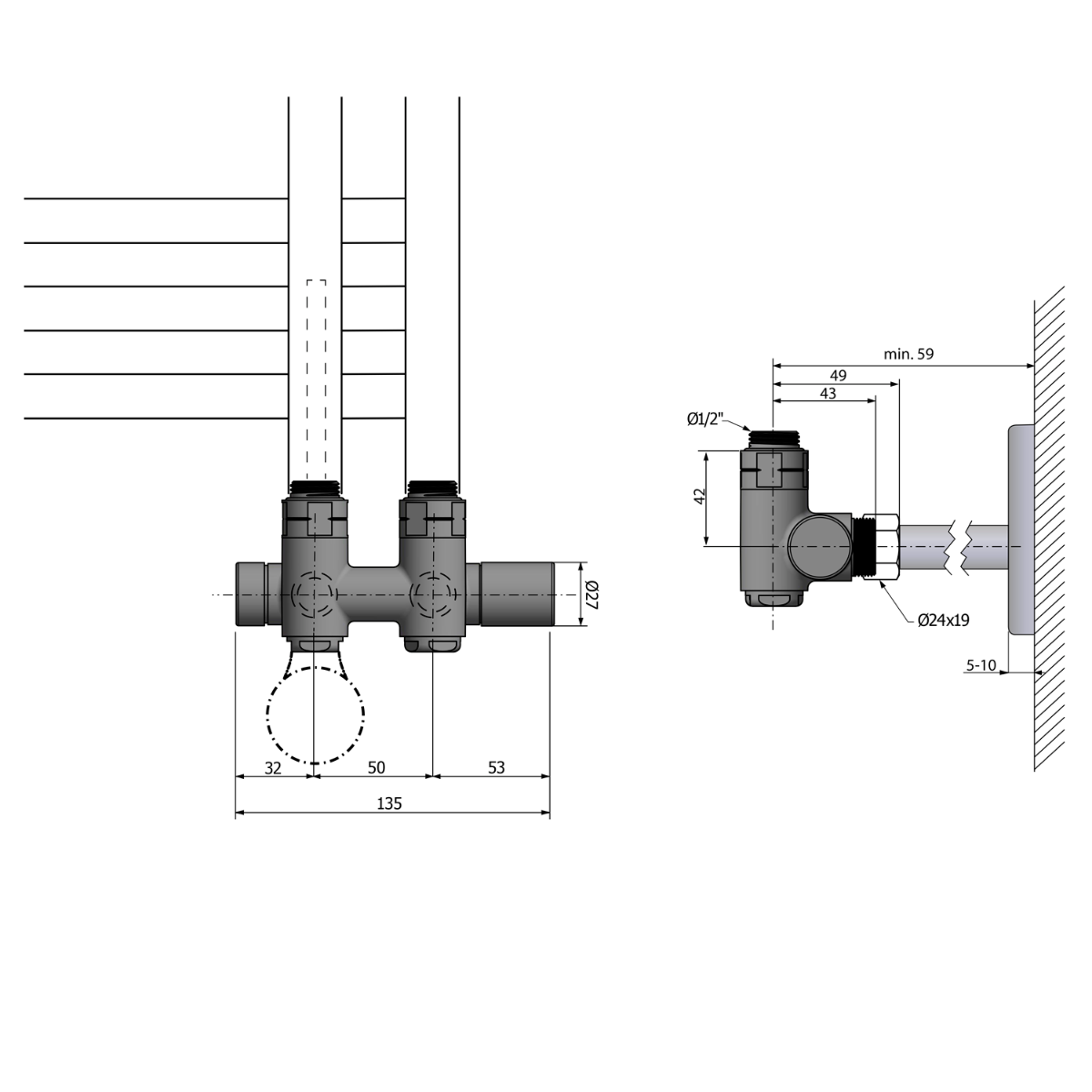 Sapho Twin Combo handdoekradiator midden aansluitset chroom