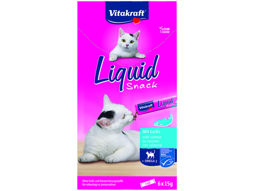 SNACKS PARA GATO LÍQUIDO VITAKRAFT COM SALMÃO E ÓMEGA 3 6X15G