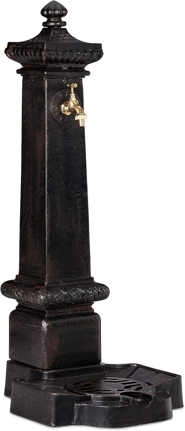 Relaxdays Standbrunnen XXL, Wasserzapfstelle in Antik-Stil, Säule mit Wasserhahn & Becken, 100 x 38 x 47 cm, dunkelbraun, Braun / Bronze / Kupfer