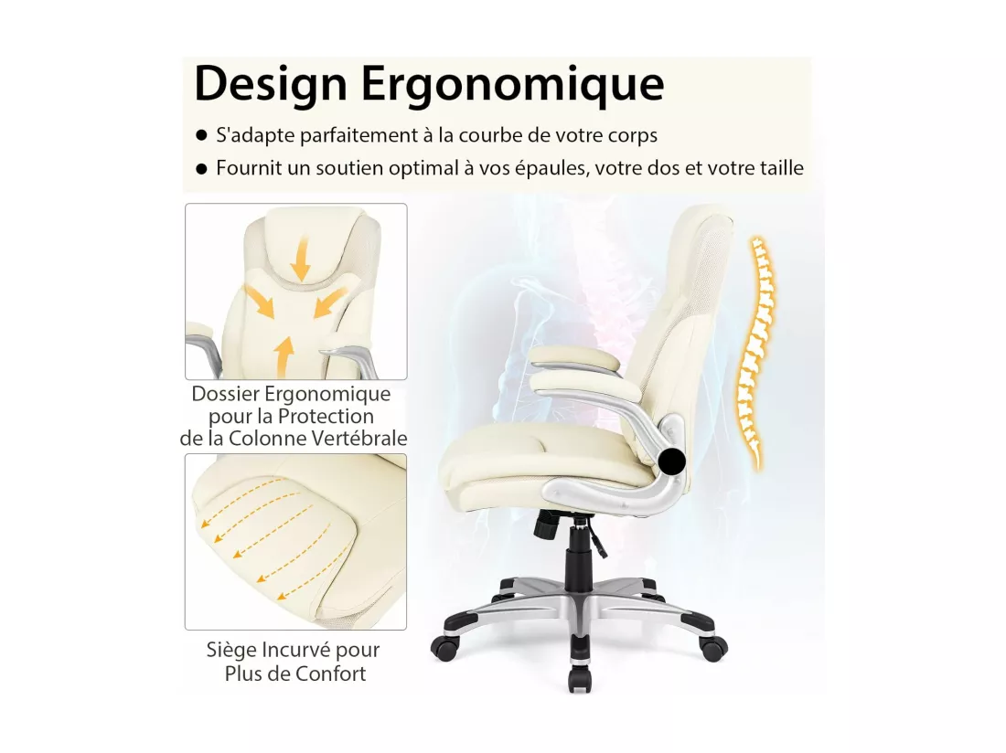 Fauteuil de Bureau Ergonomique, Chaise de Bureau en Cuir PU, à Bascule, Hauteur Réglable, Fauteuil de Gamer, Chaise de Travail Pivotant, Charge Maximale 160 kg, Blanc