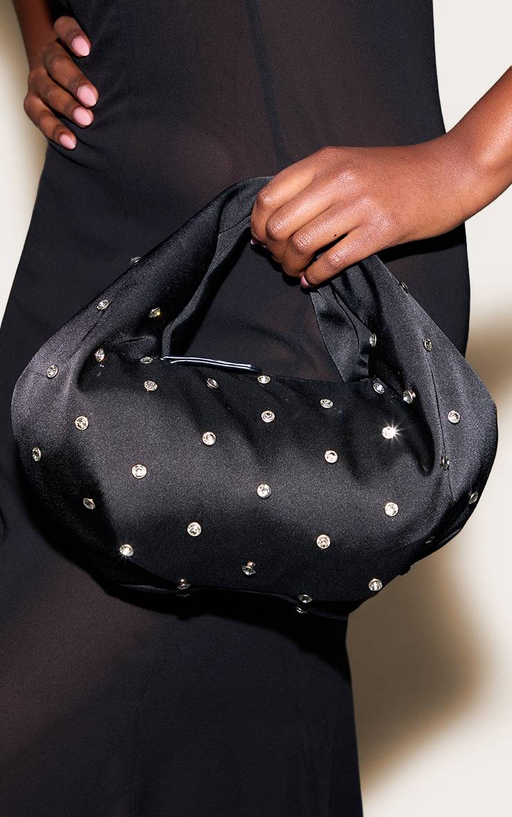 Noir Sac Pochette En Satin Prune Orné De Strass