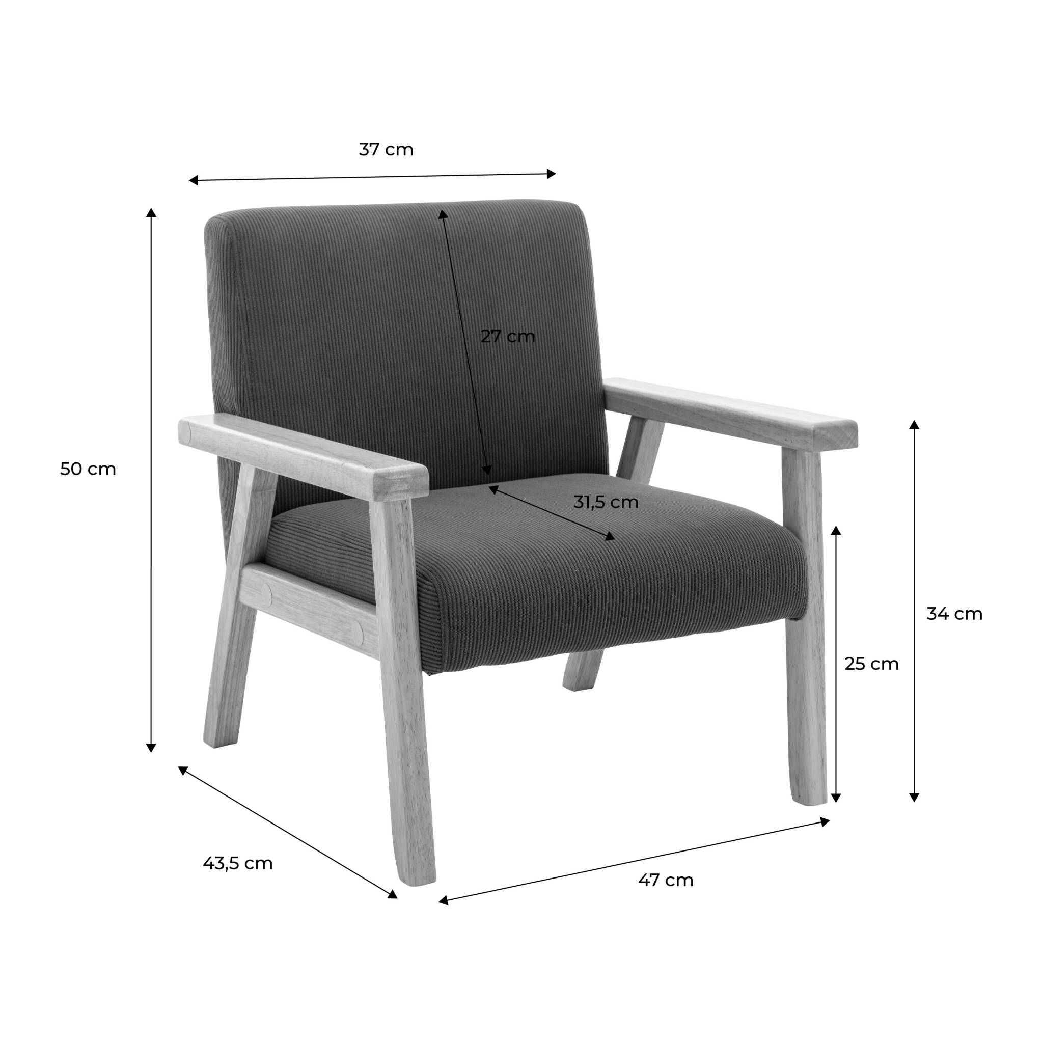 Fauteuil enfant en bois et velours côtelé kaki. Isak l 47 x p 43.5 x h 50cm