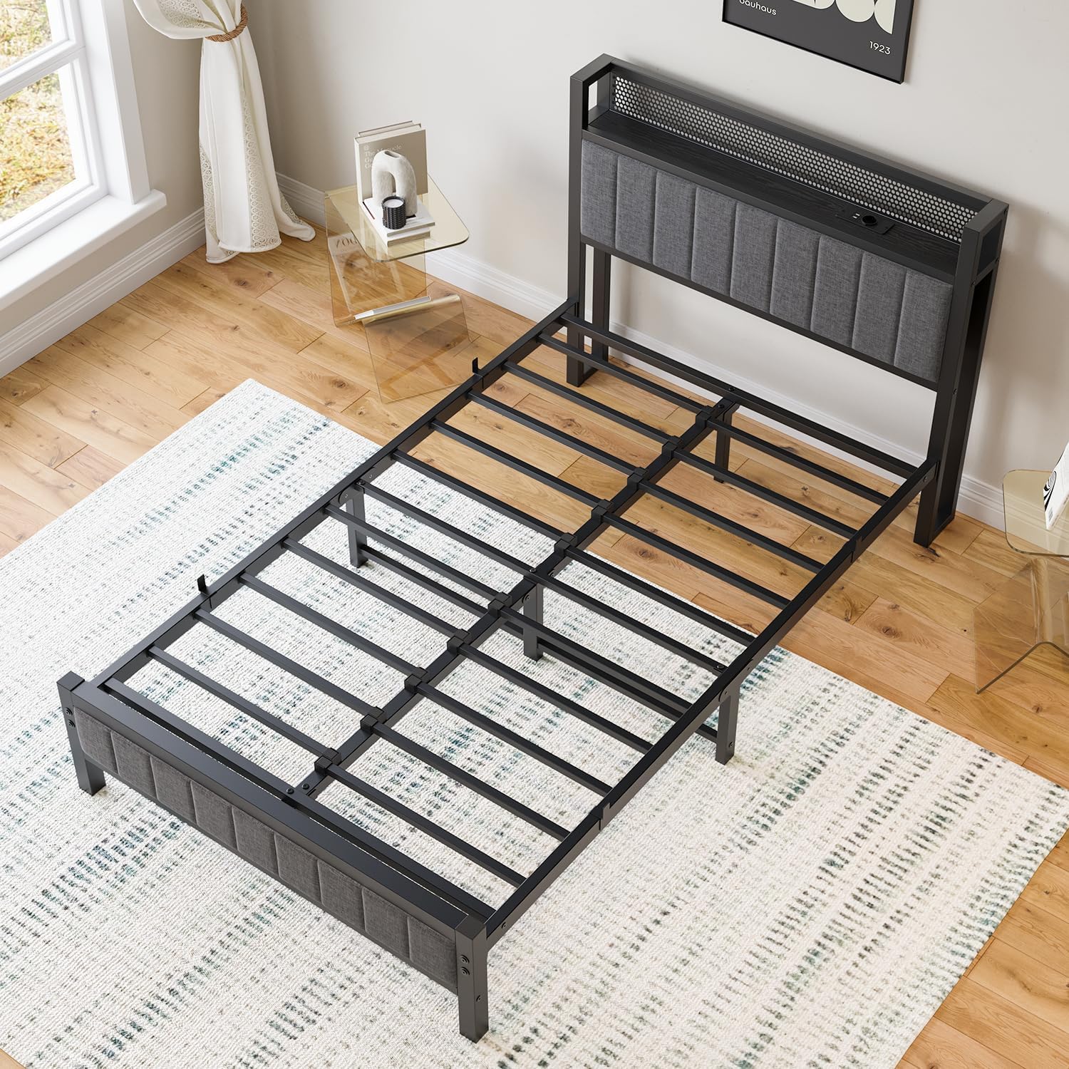 Bettrahmen mit Ladestation Doppelbett/Einzelbett Gästebett Metallbett Polsterbett 120x200 Bettgestell aus Metall,Jugendbett mit Lattenrost Kopfteil in Grau,für Schlafzimmer Gästezimmer