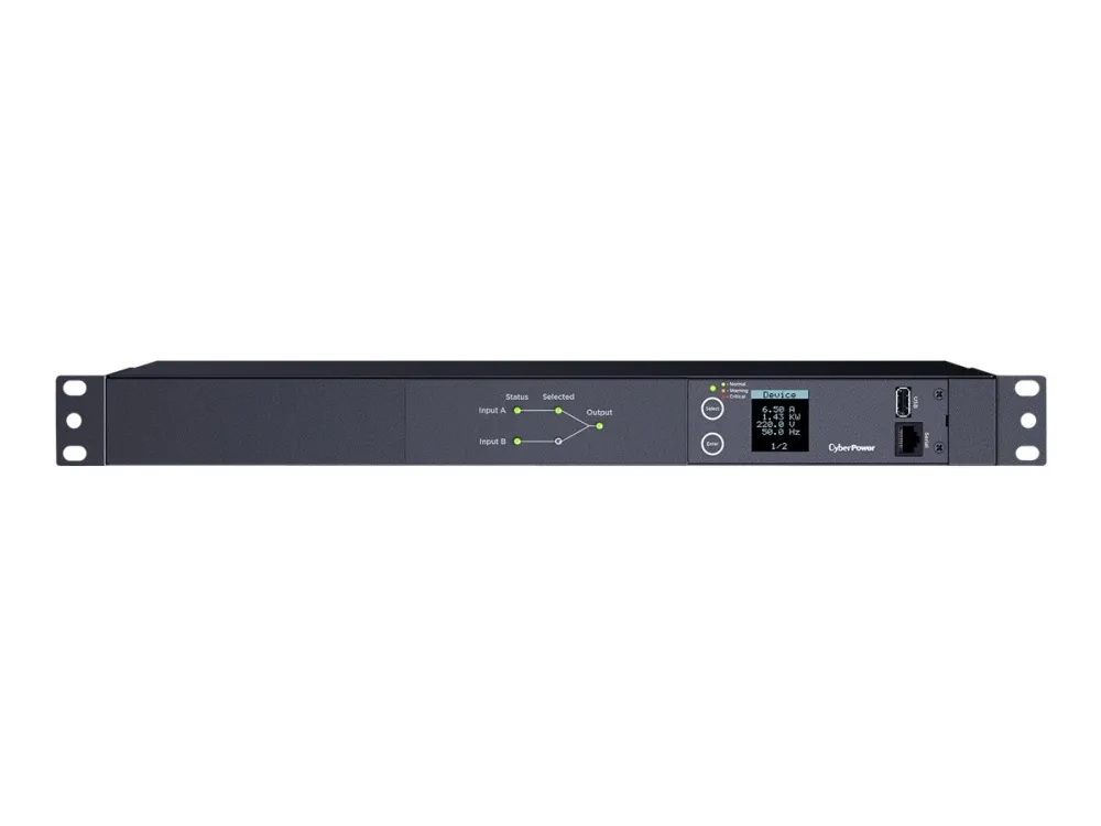 CyberPower Metered ATS Series PDU24005 - Strømfordelingsenhed (rackversion) - AC 200-240 V - 1-faset - serial - input: 2 x IEC 60320 C20 - output-stikforbindelser: 10 (2 x IEC 60320 C19, 8 x IEC 60320 C13) - 1U - 3.05 m ledning - sort
